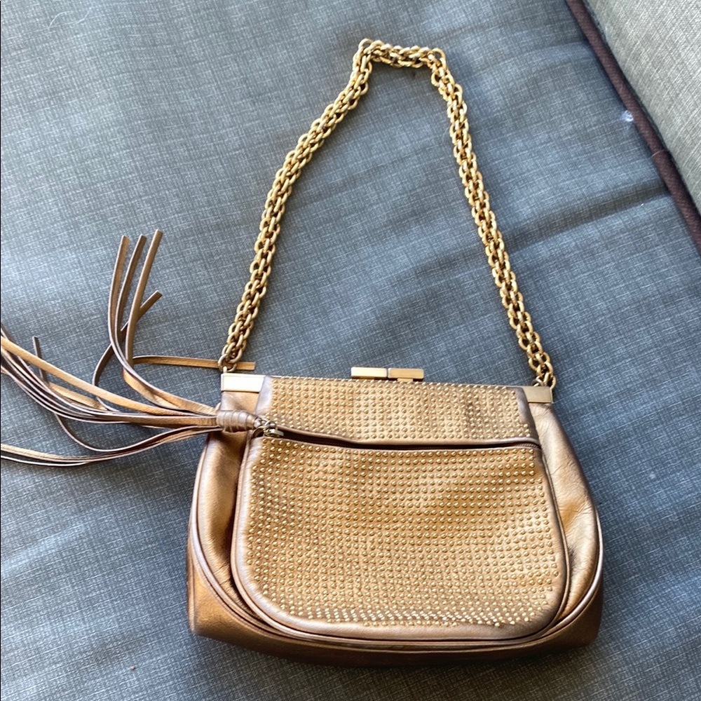 Rebecca Moses Gold Mini Bag with Elegant Chain and Tassel